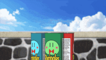 three cans of pringles are lined up in front of a stone wall