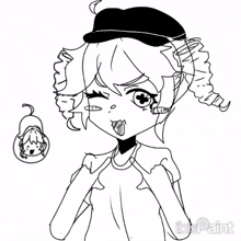 a black and white drawing of a girl with a hat on her head