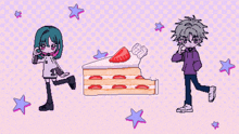 a pixel art drawing of a girl and a boy standing next to a piece of cake