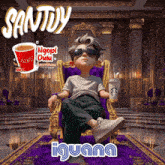 a cartoon character is sitting in a purple chair holding a cup of starbucks