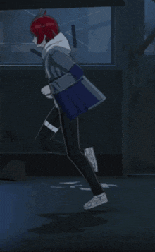 a person with red hair is running in a dark room with a blue jacket that says r.i.f.