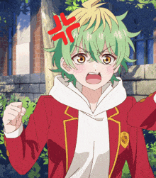 a cartoon character with green hair and a red x on his head