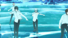 a group of anime characters are dancing in a lake