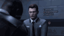 a man in a suit and tie is talking to another man in a room .