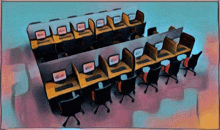 a row of cubicles with computers and chairs in an office