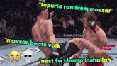 two men are fighting in a boxing match and one of them says " next fw champ inshaallah "
