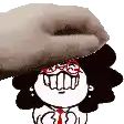 a hand is putting a cartoon character 's head on top of another cartoon character 's head .