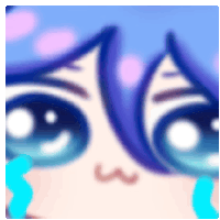 a close up of a cartoon character 's face with blue eyes and tears coming out of them .