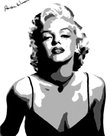 a black and white drawing of marilyn monroe with a signature on the bottom right