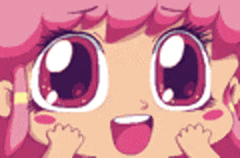 a close up of a cartoon girl with pink hair making a surprised face .