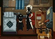 a pixel art illustration of a woman and a man standing next to each other in a room .