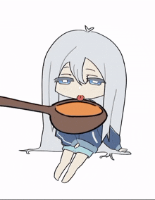 a drawing of a girl with long white hair holding a large spoon in her mouth