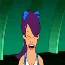 a cartoon of a woman with purple hair and blue bows in her hair