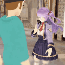 a girl with purple hair is waving at a man in a blue shirt
