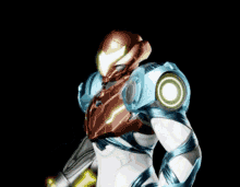 a video game character is standing in a dark room with his arms outstretched and a helmet on .
