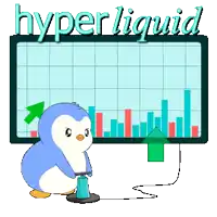 a penguin is pumping a balloon in front of a screen with the word hyper liquid on it