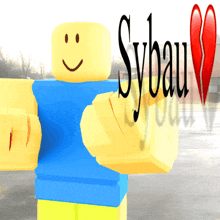 a roblox character with a broken heart and the name sybau on the bottom