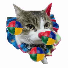 a pixelated image of a cat with colorful balls around its neck and nose