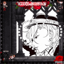 a black and white drawing of a man in a hat with diamonds around his neck and the words picmix on the top