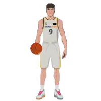 a basketball player with the number 9 on his jersey holds a basketball