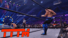 two men are wrestling in a wrestling ring with the letters tm in red