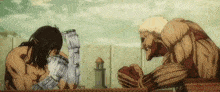 a man and a titan are standing next to each other and looking at each other .