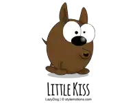 a cartoon of a dog with the words little kiss written below it