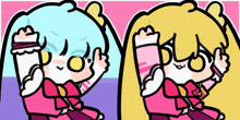 a cartoon drawing of a girl with blue hair and a girl with yellow hair