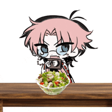 a drawing of a girl eating a salad with the letter e on it