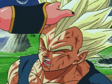 a close up of a cartoon character 's face with a hand on his head