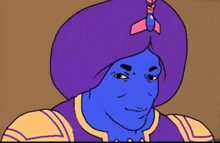 a cartoon of a genie with a purple turban on his head
