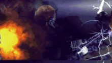 a computer generated image of a man being struck by lightning and a fireball
