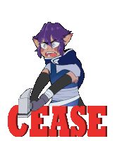 a cartoon character with purple hair is holding a hammer and the word cease is above him