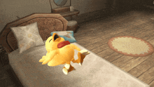 a stuffed animal laying on a bed in a bedroom