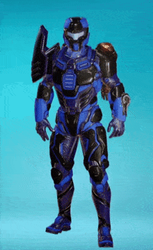 a blue and black futuristic soldier with a gun and shield
