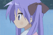 a girl with purple hair and a brown bow on her head