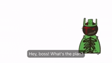 a cartoon of a man in a black suit and tie talking to three frogs with green hats