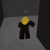 a cartoon character with a yellow head is walking in a dark hallway