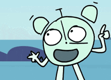 a cartoon character is pointing up and has the letter i on its face