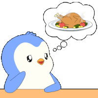a cartoon of a penguin thinking about a turkey on a plate