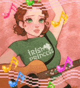 a girl with a green shirt that says irish princess is holding a guitar