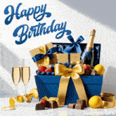 a happy birthday greeting card with a blue gift box