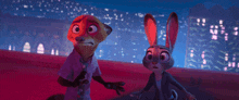 a fox and a rabbit are standing next to each other in front of a city skyline