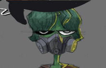 a drawing of a person wearing a gas mask and a hat