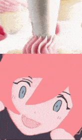 a close up of a cupcake with pink frosting next to a cartoon girl