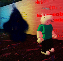 a video game character is standing in front of a wall that says heyo