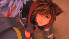 a cartoon character with blue eyes is standing next to another character with purple hair