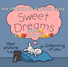 a cartoon of a dog laying on a bed with the words sweet dreams babe i love you