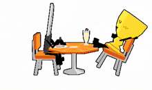 a cartoon drawing of two chairs and a table