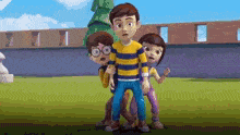 a group of cartoon characters are standing next to each other in a field and looking surprised .
